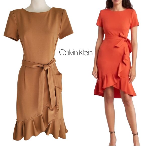 Calvin Klein NWT Career Dress Tulip Hem Tie Front Short Sleeve Deep Tan Size 4 - Picture 1 of 16